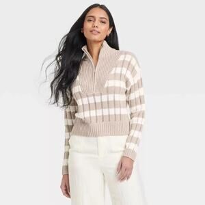 A New Day Women's Mock Turtle Neck Quarter Zip Pullover Sweater Cream Brown XS